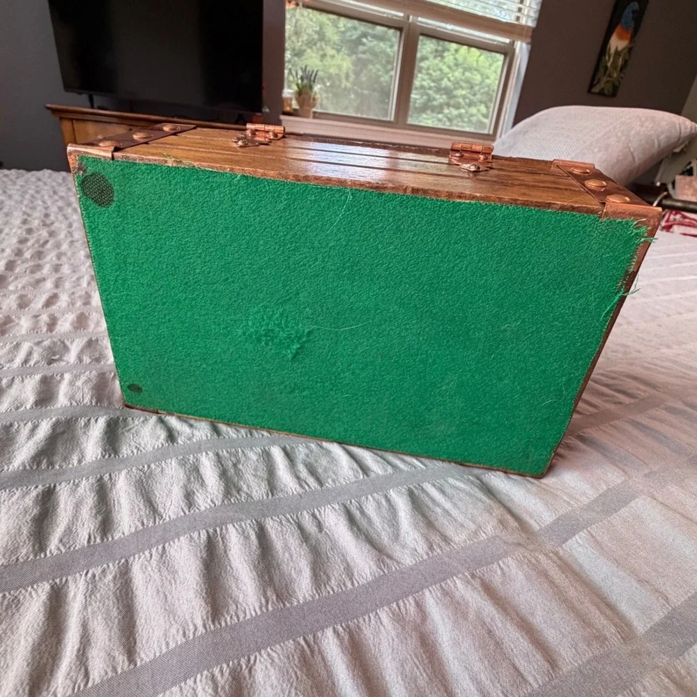 Vintage Wooden Treasure Chest Jewelry Box Burgundy Velvet Lining Copper Trim